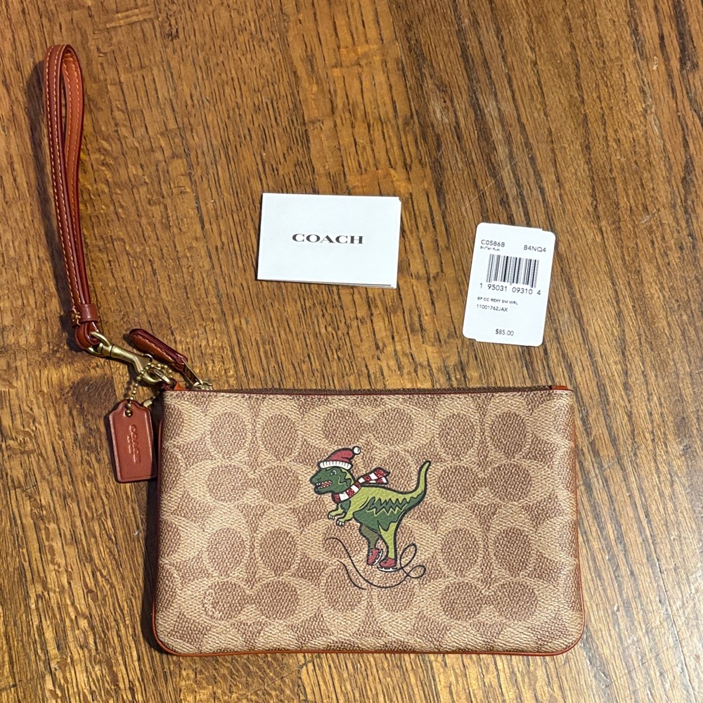 Coach Brown Wristlet with Green Dinosaur
